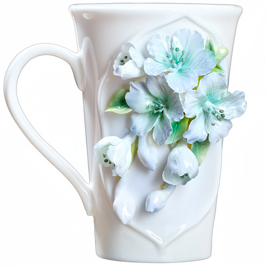 Intangible Cultural Heritage Hand-Sculpted Floral Ceramic Pear Blossom Tea Cup & Coffee Cup (Blue) - 100% Handcrafted