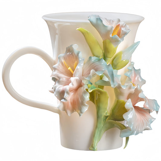 Intangible Cultural Heritage Hand-Sculpted Ceramic Gladiolus Flower Water Cup Coffee Mug (Ice Sea Blue) - 100% Handcrafted