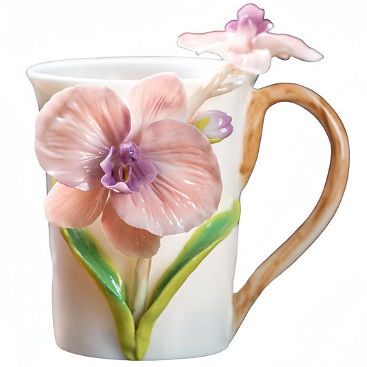 Intangible Cultural Heritage Hand-Sculpted Orchid Ceramic Butterfly Orchid Teacup Coffee Cup - 100% Handcrafted