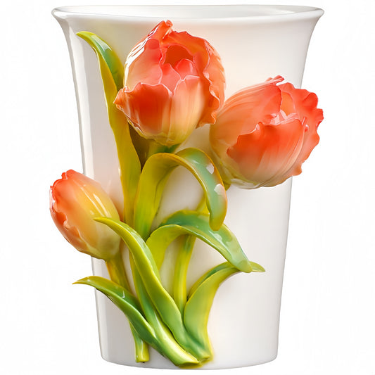 Intangible Cultural Heritage Hand-Sculpted Ceramic Tulip Flower Cola Cup Coffee Mug(red) - 100% Handcrafted