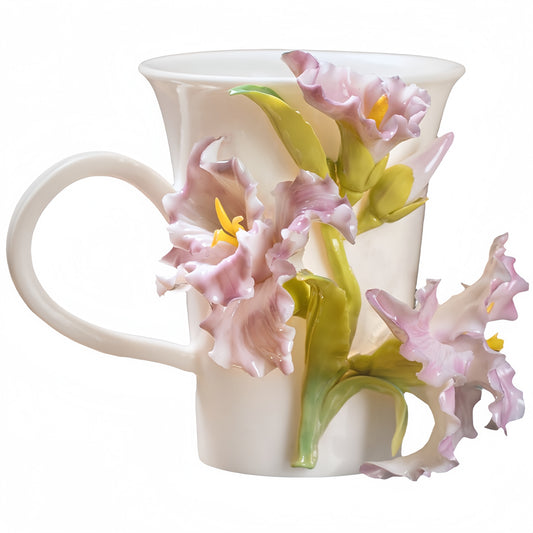 Intangible Cultural Heritage Hand-Sculpted Ceramic Gladiolus Flower Water Cup Coffee Mug (Gradient Purple) - 100% Handcrafted