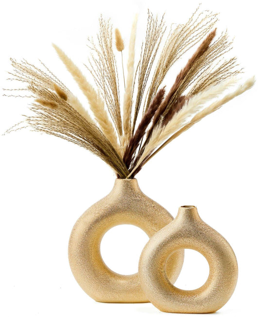 Premium Gold Ceramic Vase, Modern Vase for Minimalist Decor, Hollow Round Matte Pampas Flower Vases for Boho Home Wedding Party Room Dinner Table Shelf Decor - LAMDAWN