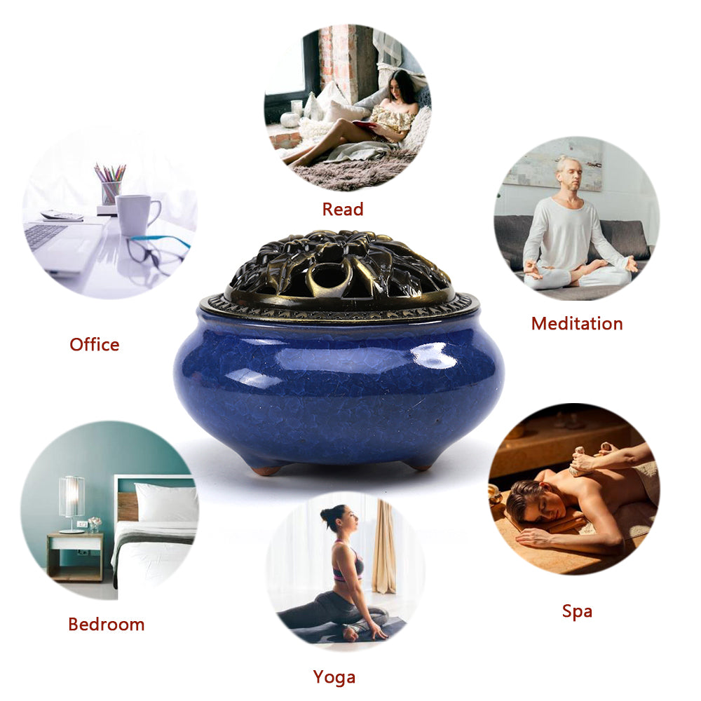 LAMDAWN Ceramic Incense Burner with Incense Stick Holder + Insulation use for Stick or Coil Incense, Sage Cones and Frankincense (Blue) - LAMDAWN