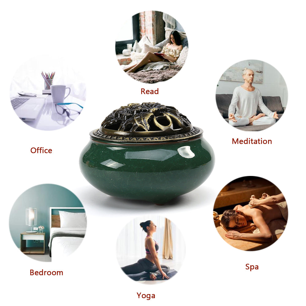 LAMDAWN Ceramic Incense Burner with Incense Stick Holder + Insulation use for Stick or Coil Incense, Sage Cones and Frankincense (Green) - LAMDAWN