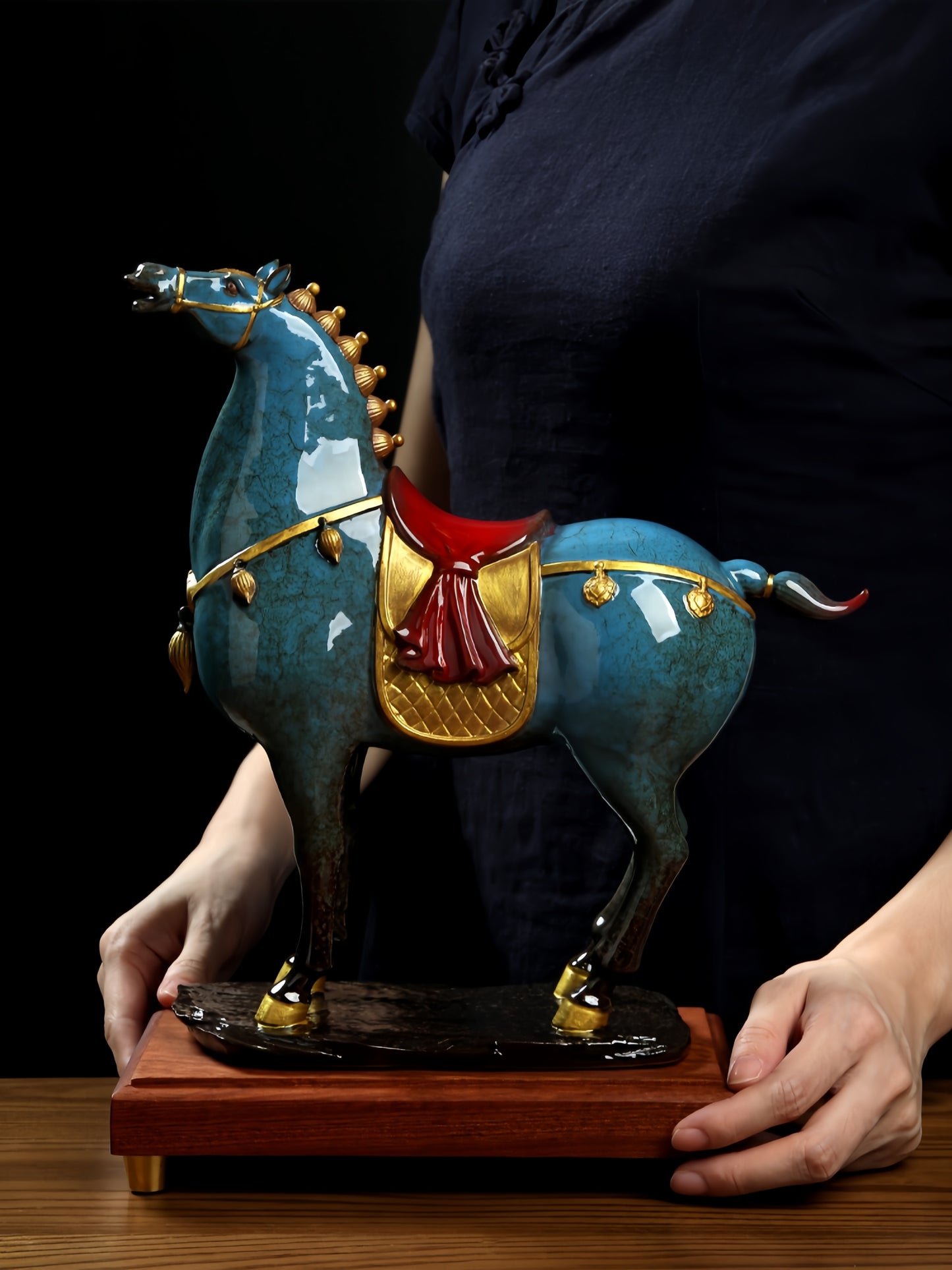 Ceramic Horse Ornament “General's Horse” Home Decor Craft(Blue)