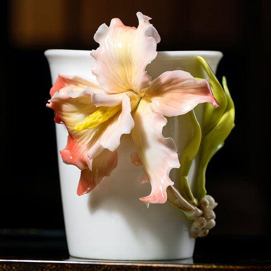 Iris Cola Cup Intangible Cultural Heritage Hand-Sculpted Floral Ceramic Mug Coffee Cup - 100% Handcrafted