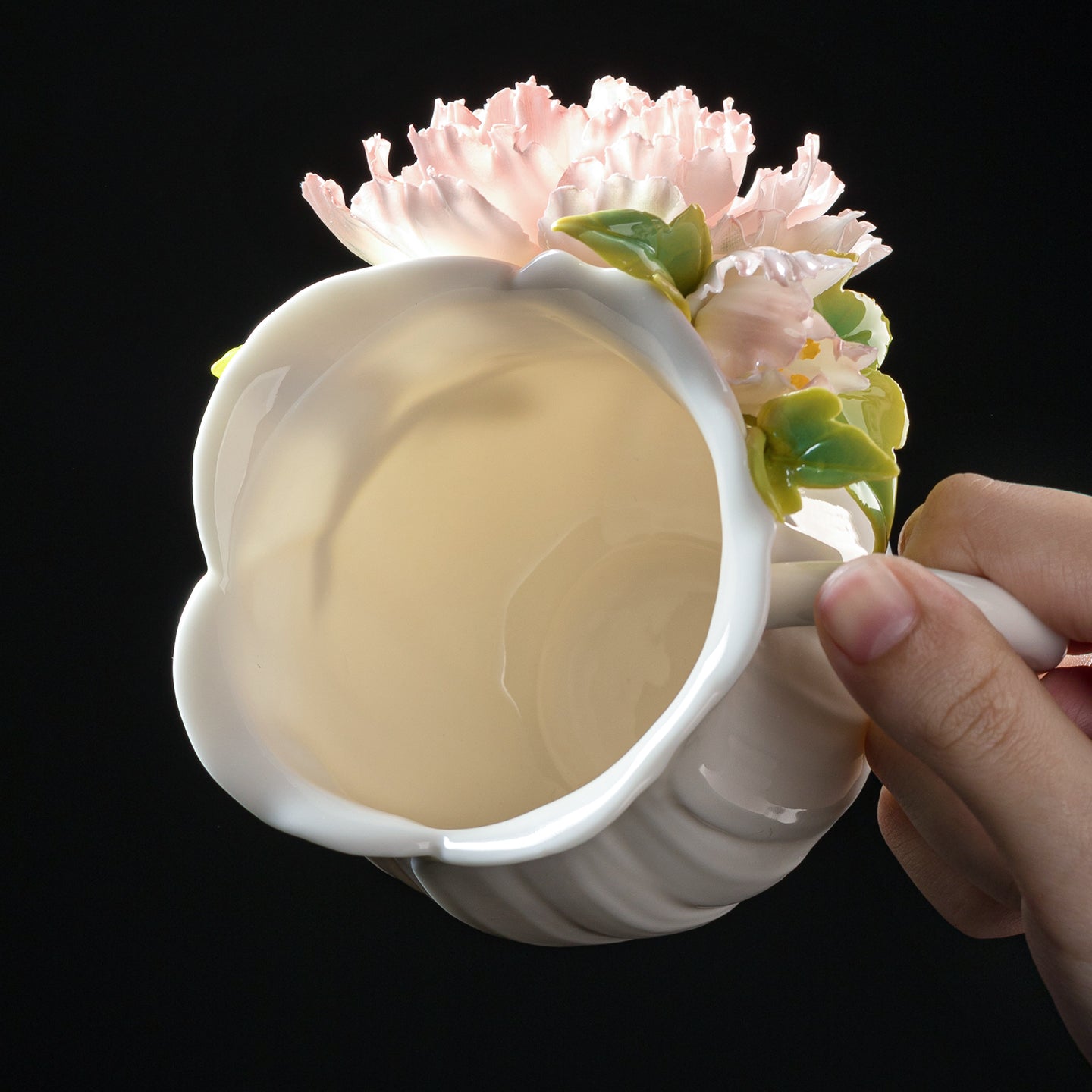 Intangible Cultural Heritage Hand-Sculpted Floral Ceramic Cup (Flower Glow - Pink Blush) - 100% Handcrafted