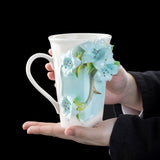 Intangible Cultural Heritage Hand-Sculpted Flower Pottery Rhododendron Tea Cup Coffee Cup (Blue) - 100% Handcrafted