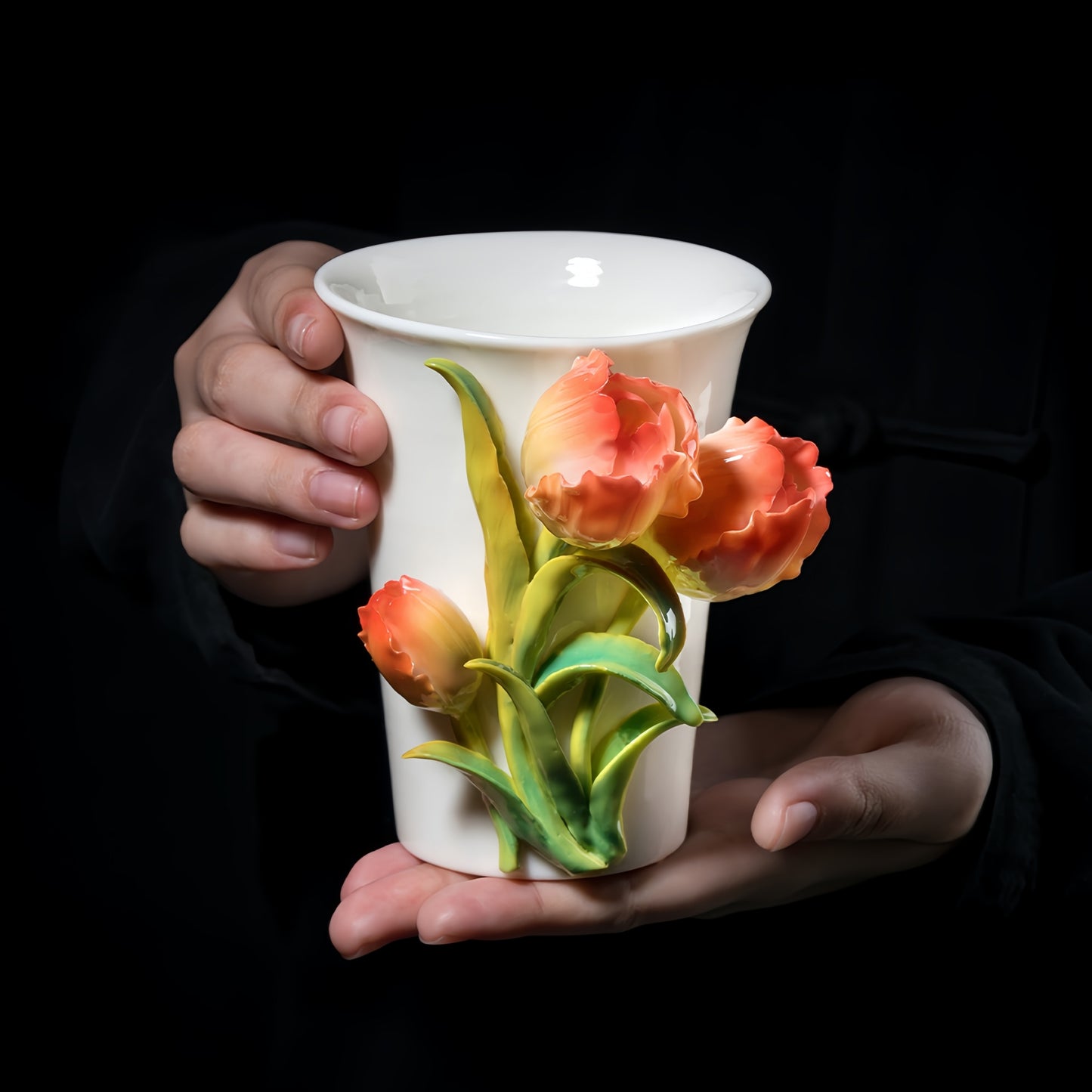 Intangible Cultural Heritage Hand-Sculpted Ceramic Tulip Flower Cola Cup Coffee Mug(red) - 100% Handcrafted