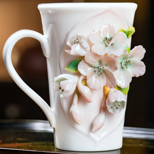 Intangible Cultural Heritage Hand-Sculpted Floral Ceramic Pear Blossom Tea Cup & Coffee Cup (Pink) - 100% Handcrafted