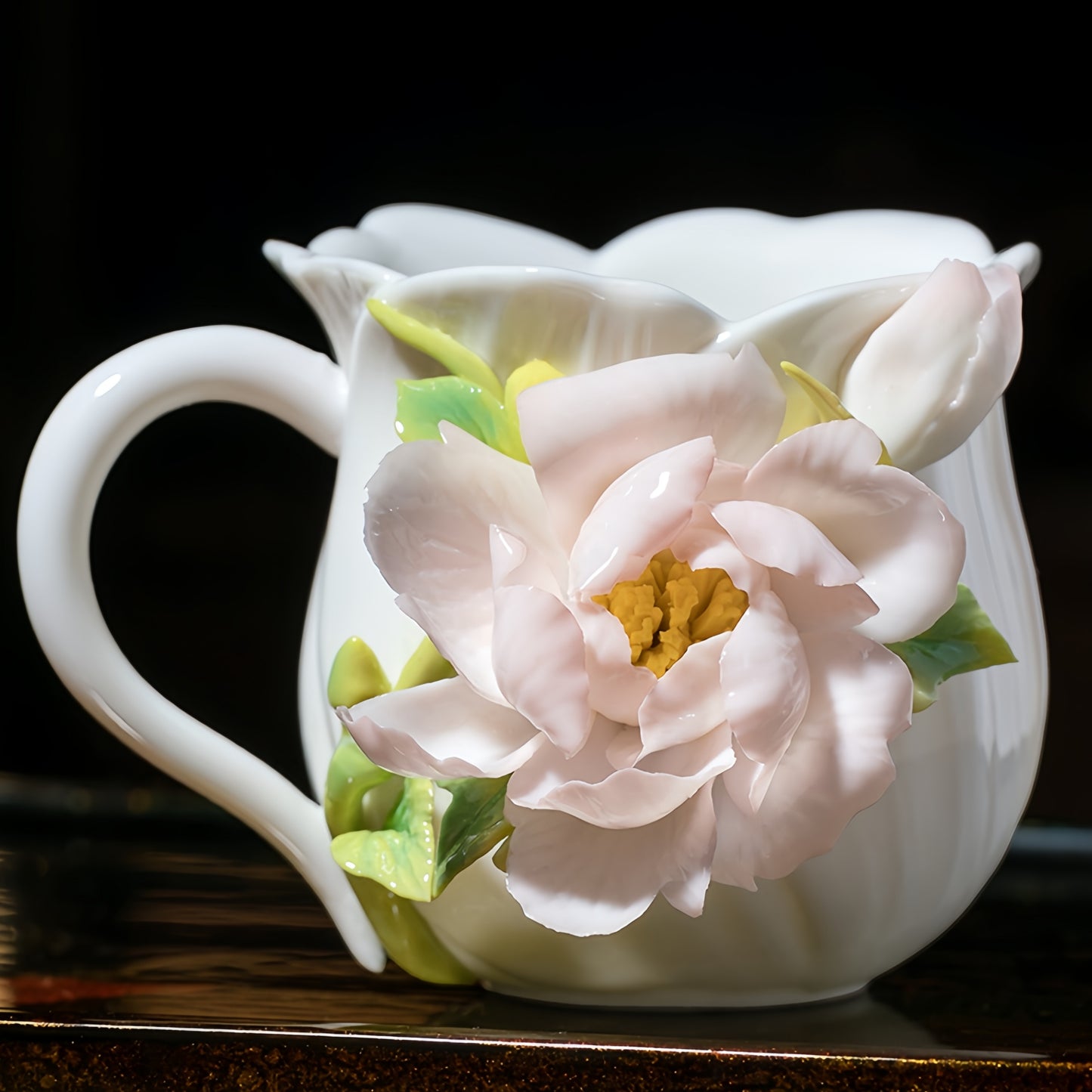 Intangible Cultural Heritage Hand-Sculpted Ceramic Peony Flower Water Cup Coffee Mug(pink) - 100% Handcrafted