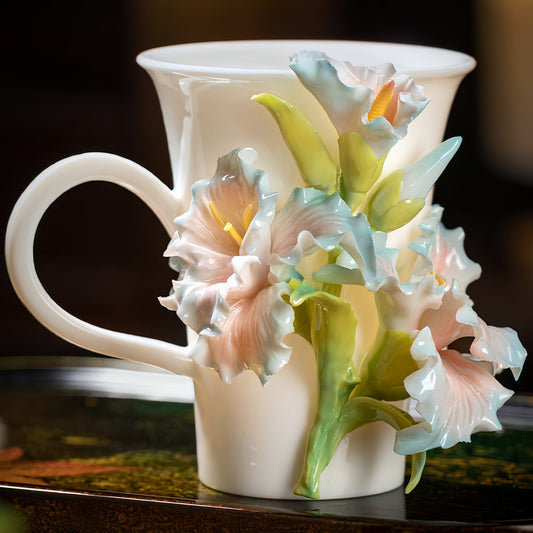 Intangible Cultural Heritage Hand-Sculpted Ceramic Gladiolus Flower Water Cup Coffee Mug (Ice Sea Blue) - 100% Handcrafted