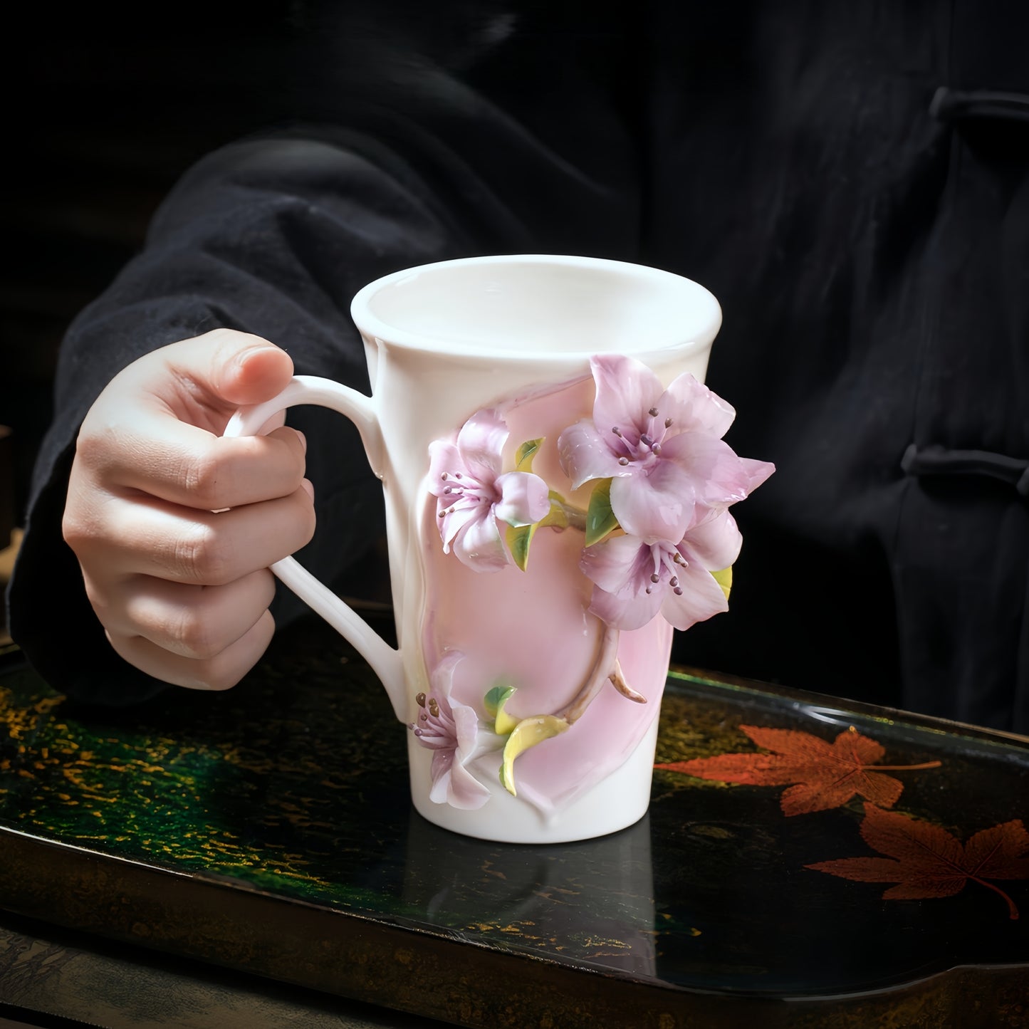 Intangible Cultural Heritage Hand-Sculpted Flower Pottery Rhododendron Tea Cup Coffee Cup (Purple) - 100% Handcrafted