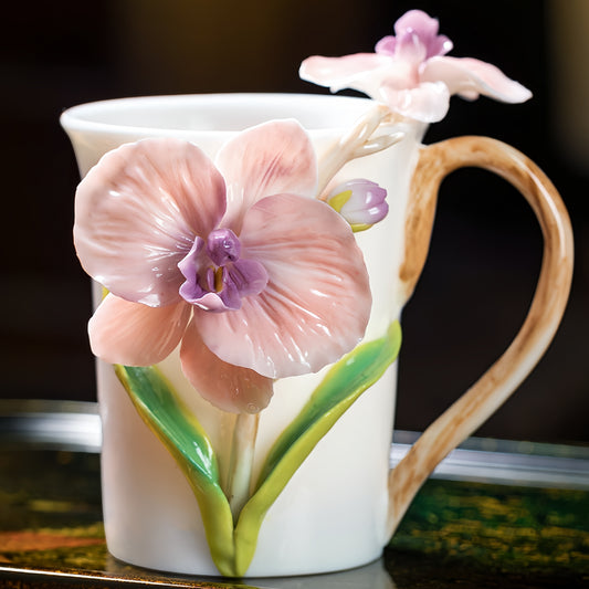 Intangible Cultural Heritage Hand-Sculpted Orchid Ceramic Butterfly Orchid Teacup Coffee Cup - 100% Handcrafted