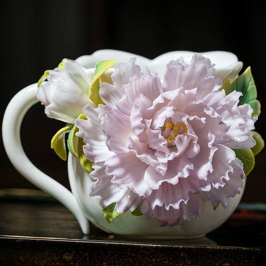 Intangible Cultural Heritage Hand-Sculpted Floral Ceramic Cup (Gathering Light Among Flowers - Mist Rain Purple) - 100% Handcrafted