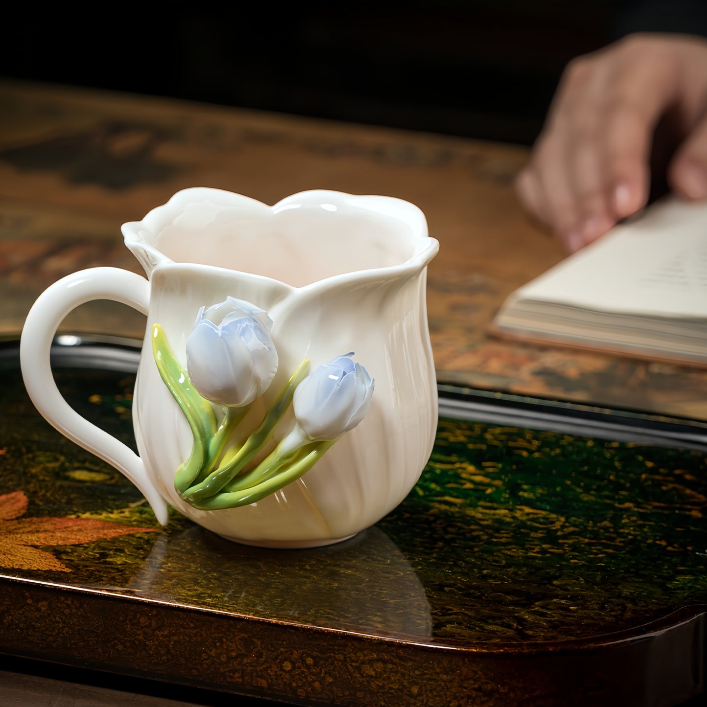 Intangible Cultural Heritage Hand-Sculpted Ceramic Tulip Flower Water Cup Coffee Cup(blue) - 100% Handcrafted
