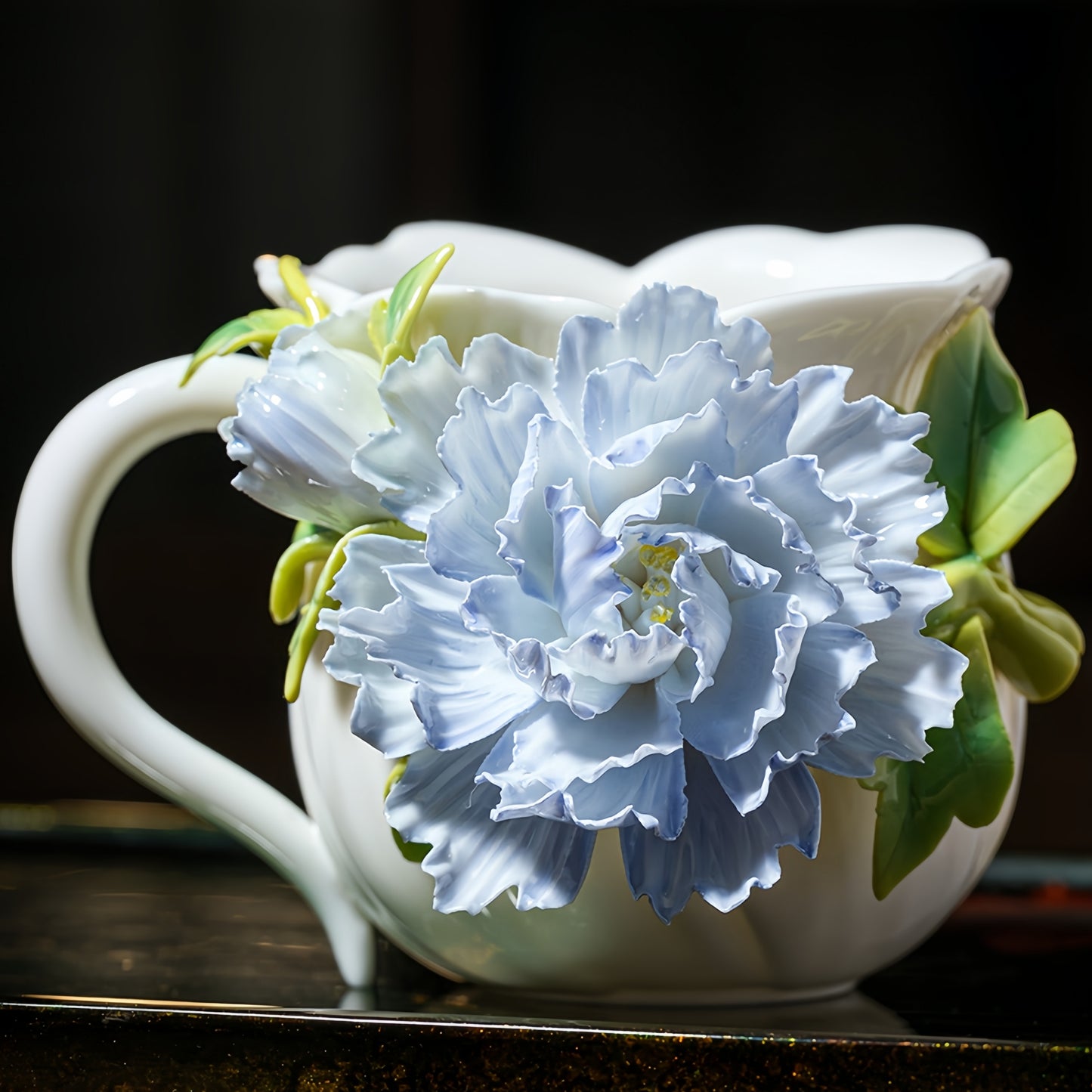 Intangible Cultural Heritage Hand-Sculpted Floral Ceramic Cup (Gathering Light Among Flowers - Misty Rain Blue) - 100% Handcrafted