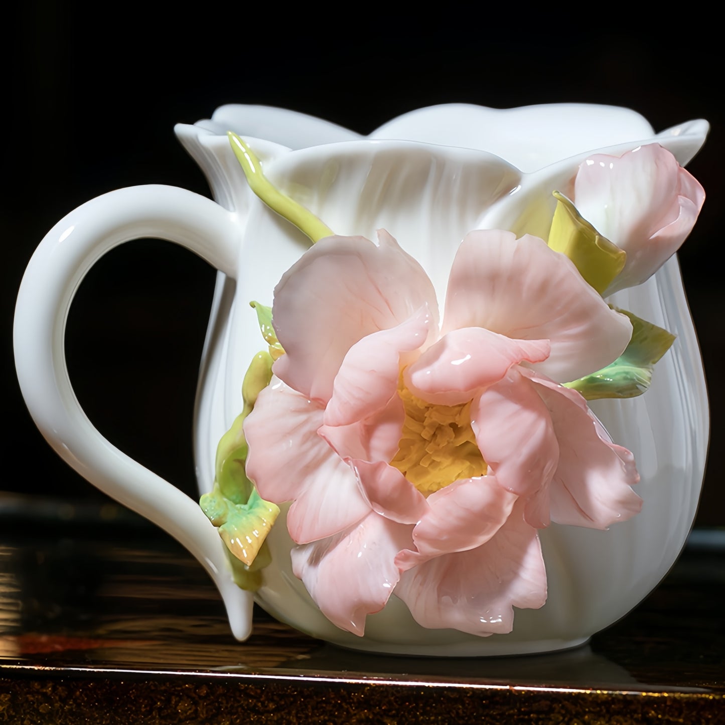 Intangible Cultural Heritage Hand-Sculpted Ceramic Peony Flower Water Cup Coffee Mug(red) - 100% Handcrafted