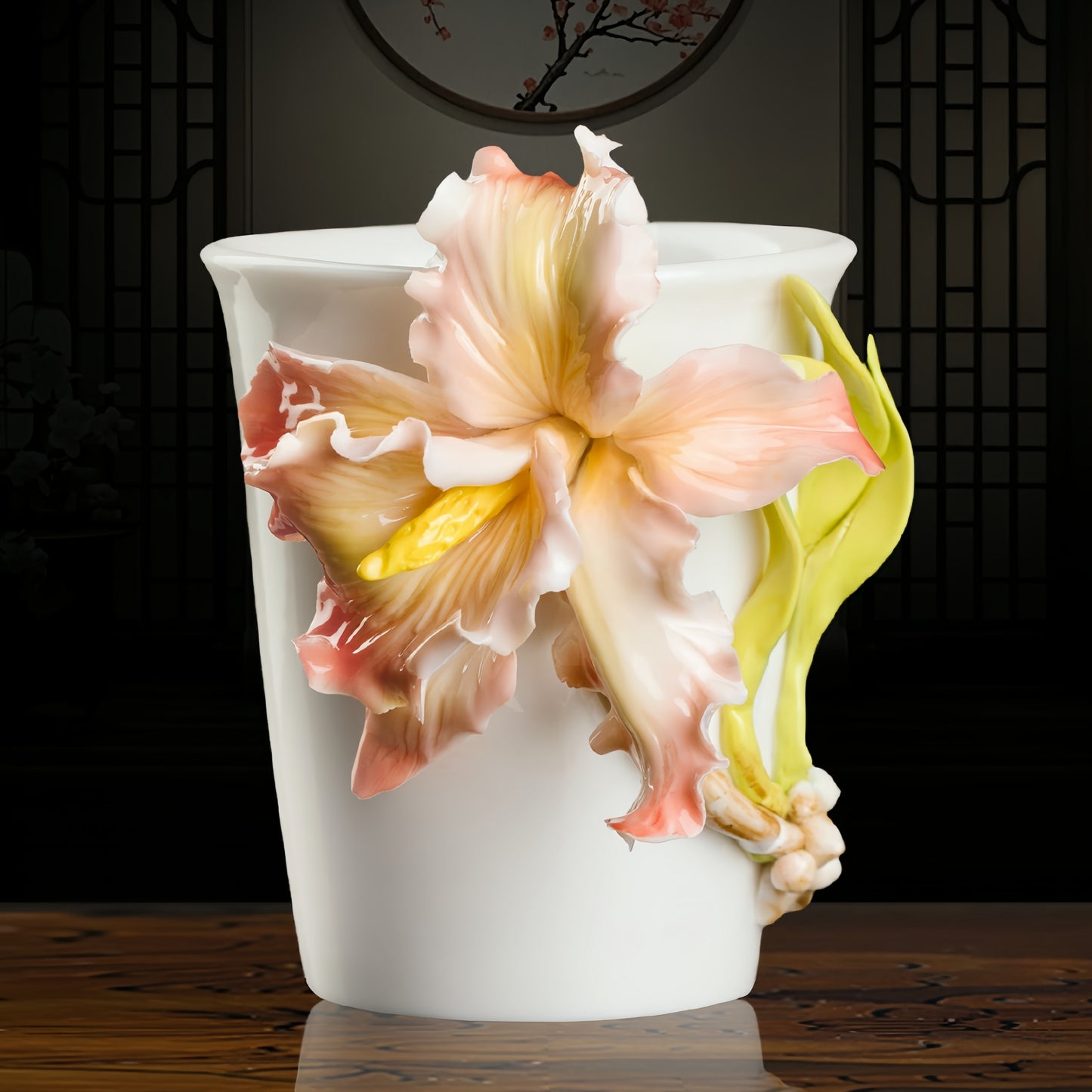Iris Cola Cup Intangible Cultural Heritage Hand-Sculpted Floral Ceramic Mug Coffee Cup - 100% Handcrafted