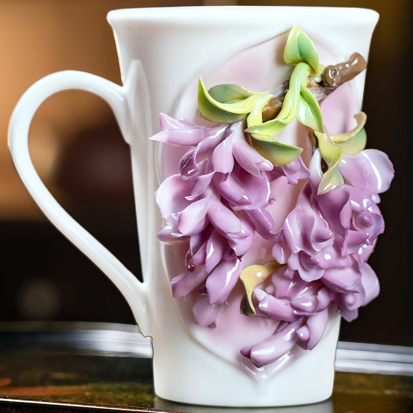 Intangible Cultural Heritage Hand-Sculpted Floral Ceramic Pear Blossom Tea Cup & Coffee Cup (Purple) - 100% Handcrafted