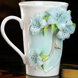 Intangible Cultural Heritage Hand-Sculpted Flower Pottery Rhododendron Tea Cup Coffee Cup (Blue) - 100% Handcrafted