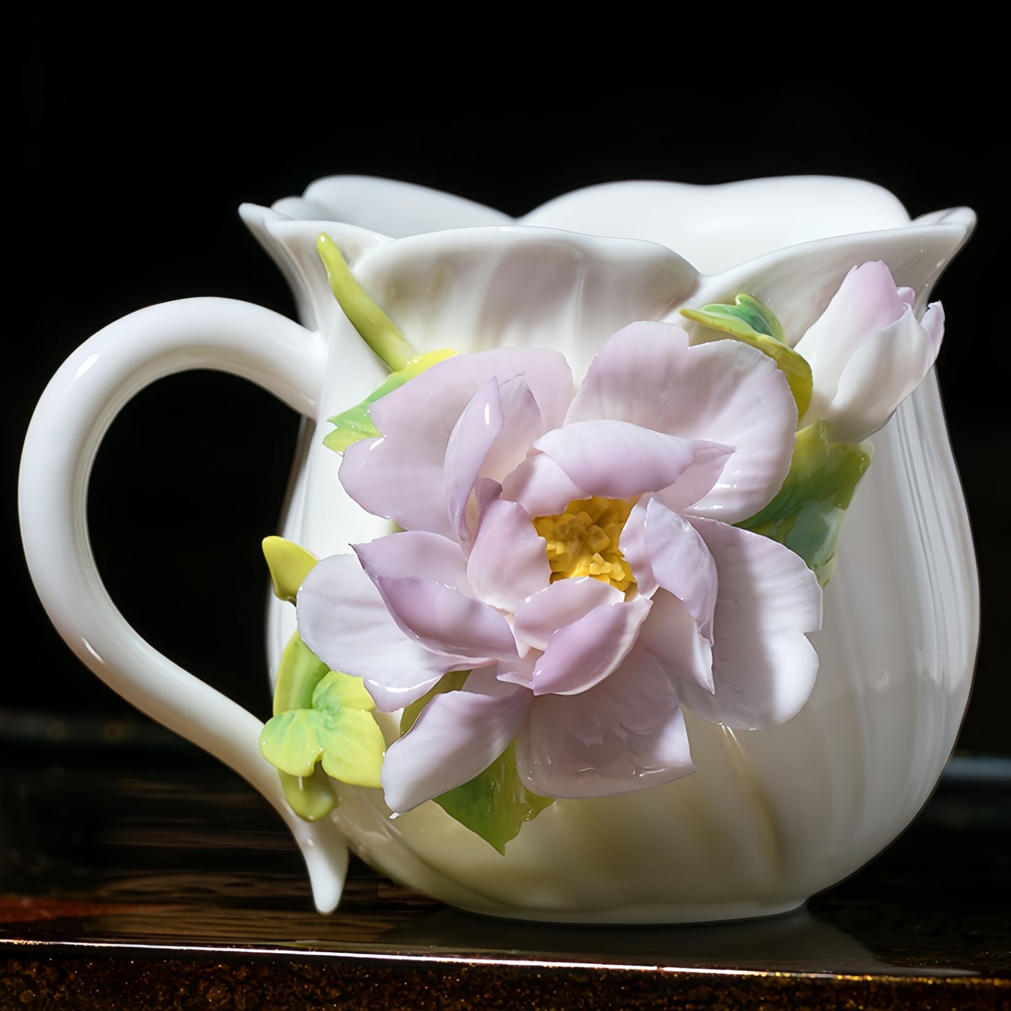 Intangible Cultural Heritage Hand-Sculpted Ceramic Peony Flower Water Cup Coffee Mug(purple) - 100% Handcrafted