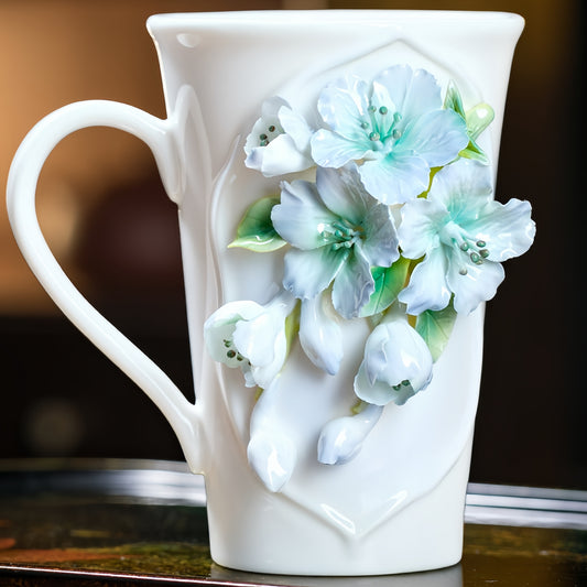 Intangible Cultural Heritage Hand-Sculpted Floral Ceramic Pear Blossom Tea Cup & Coffee Cup (Blue) - 100% Handcrafted