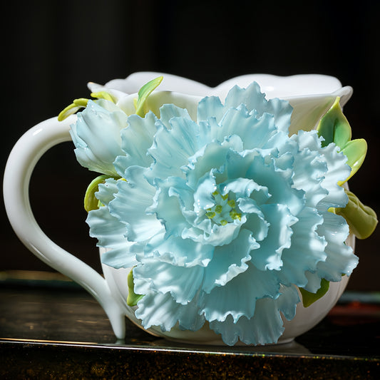 Intangible Cultural Heritage Hand-Sculpted Floral Ceramic Cup (Flower Glow - Cloud Tide Blue) - 100% Handcrafted