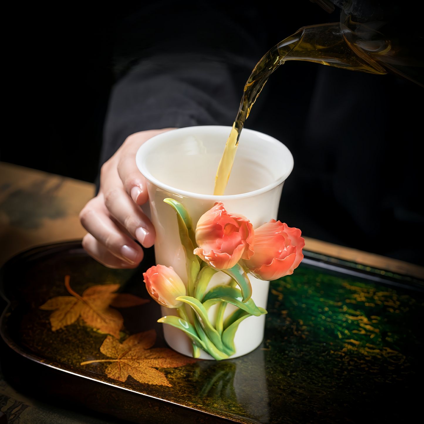 Intangible Cultural Heritage Hand-Sculpted Ceramic Tulip Flower Cola Cup Coffee Mug(red) - 100% Handcrafted