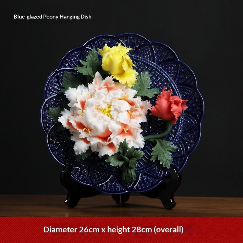 Ceramic handicrafts, peony hanging plate art ornaments, new Chinese living room decorative handicrafts, housewarming gifts