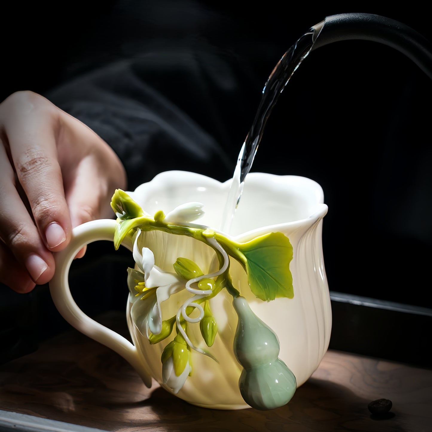 Intangible Cultural Heritage Hand-Sculpted Floral Ceramic Gourd Water Cup Coffee Mug - 100% Handcrafted