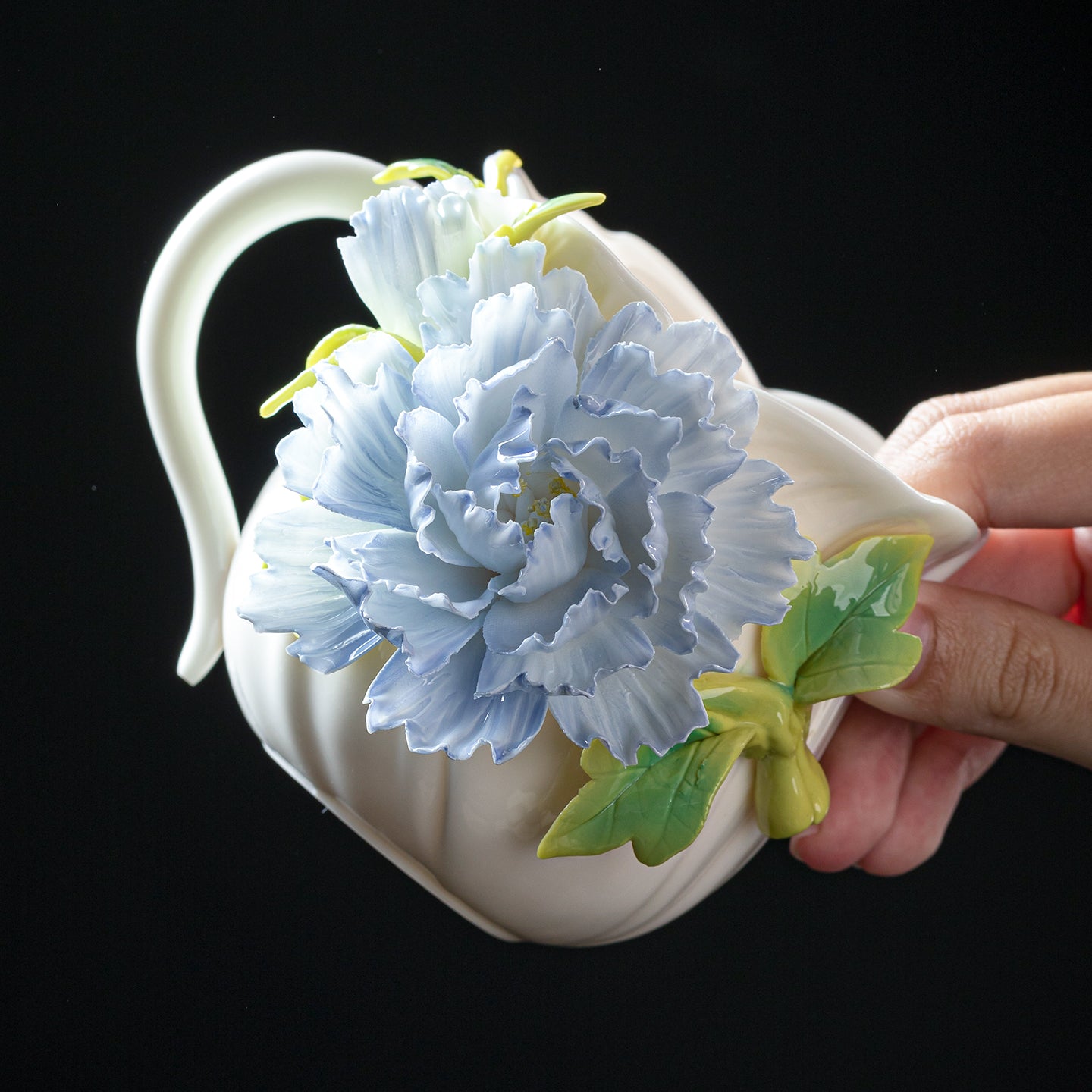 Intangible Cultural Heritage Hand-Sculpted Floral Ceramic Cup (Gathering Light Among Flowers - Misty Rain Blue) - 100% Handcrafted