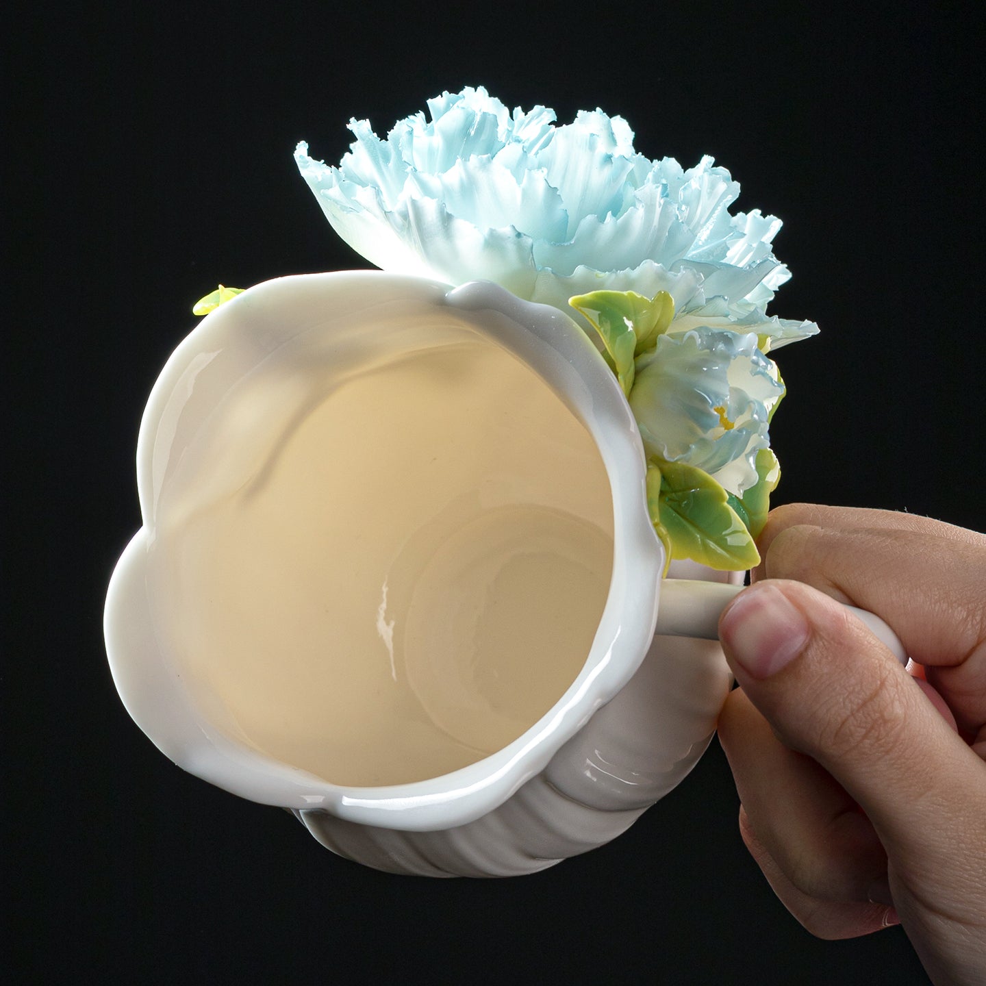 Intangible Cultural Heritage Hand-Sculpted Floral Ceramic Cup (Flower Glow - Cloud Tide Blue) - 100% Handcrafted