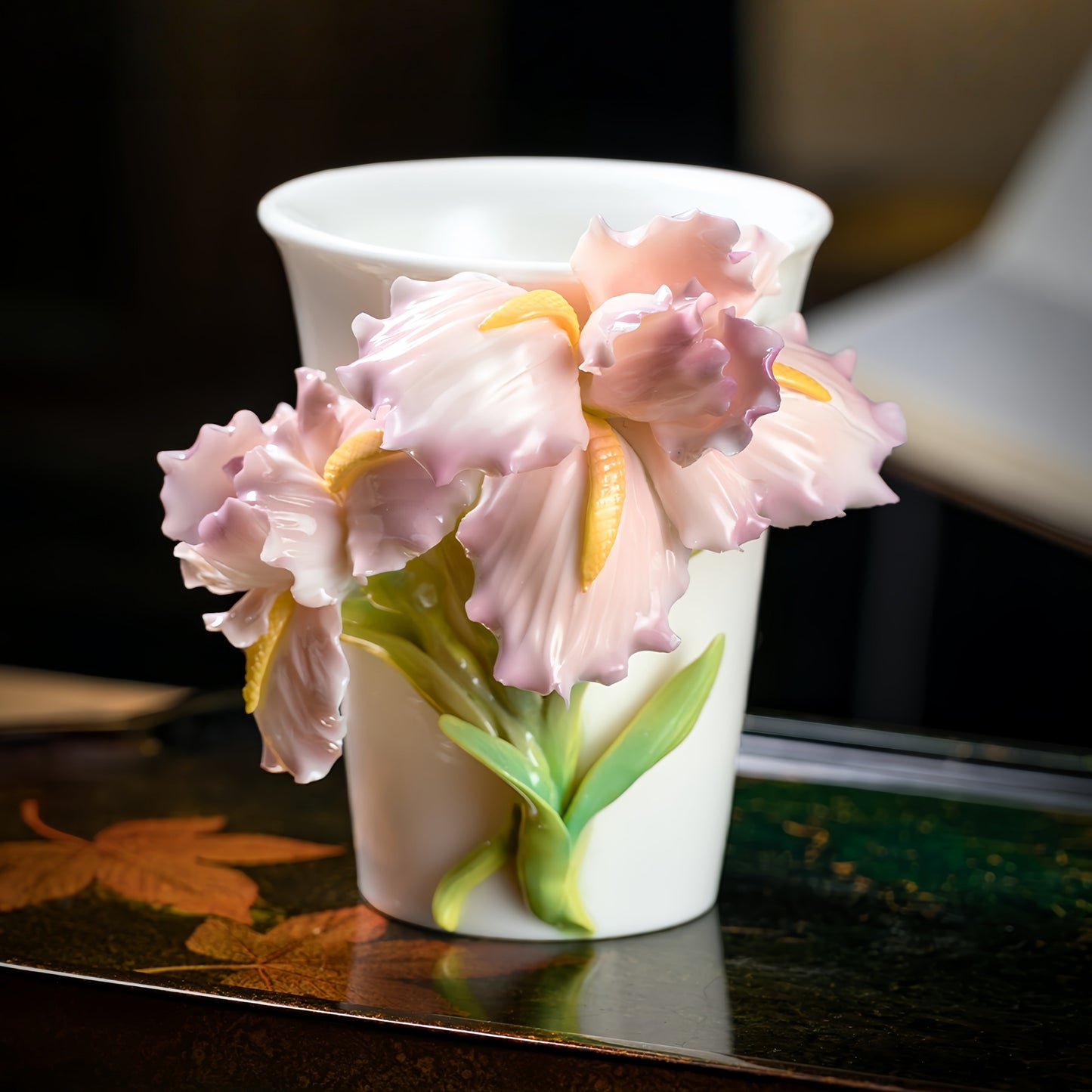 Intangible Cultural Heritage Hand-Sculpted Ceramic Iris Flower Cola Cup Coffee Mug - 100% Handcrafted