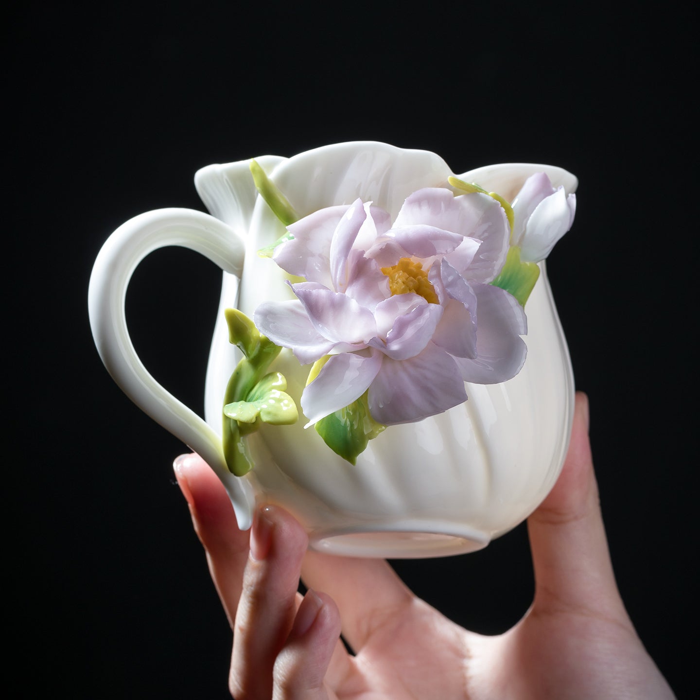 Intangible Cultural Heritage Hand-Sculpted Ceramic Peony Flower Water Cup Coffee Mug(purple) - 100% Handcrafted