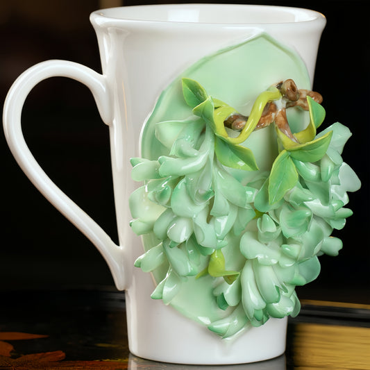 Intangible Cultural Heritage Hand-Sculpted Flower Pottery Rhododendron Tea Cup Coffee Cup (Green) - 100% Handcrafted
