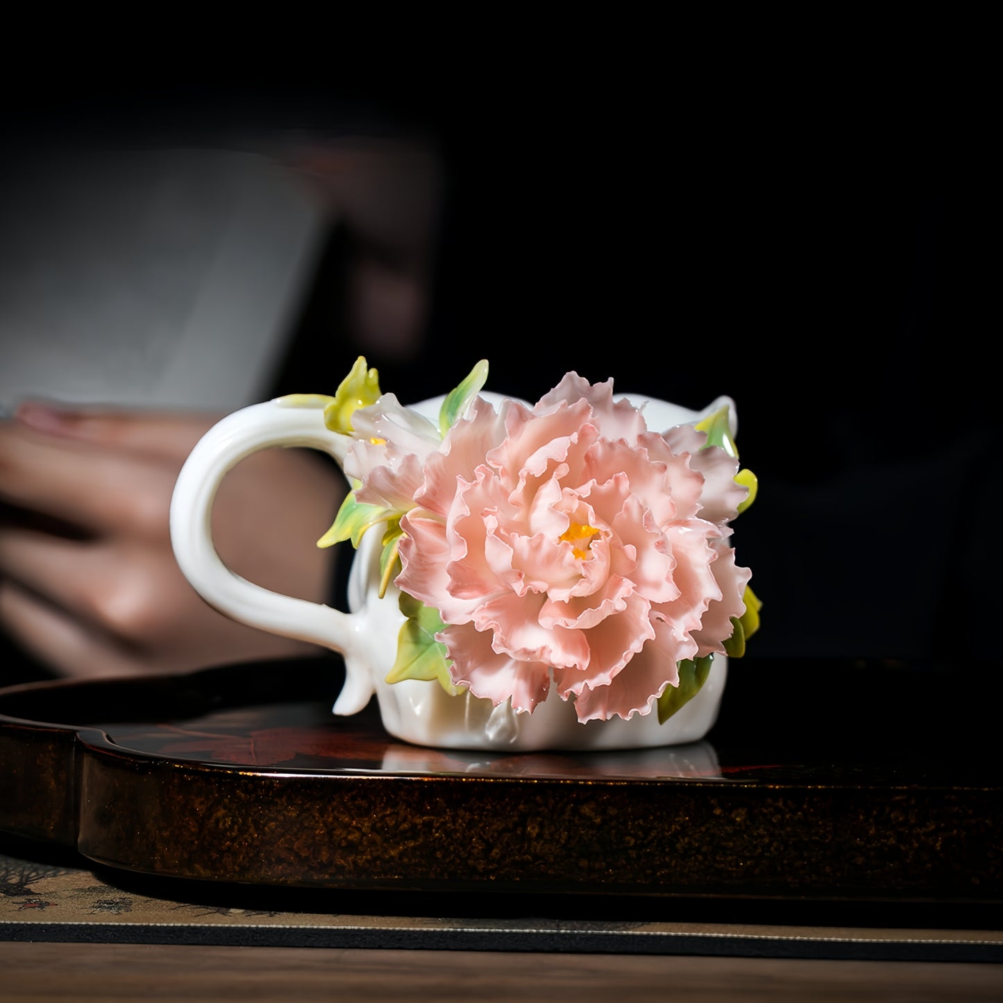 Hand-Sculpted Ceramic Peony Flower Coffee Cup - 100% Handcrafted