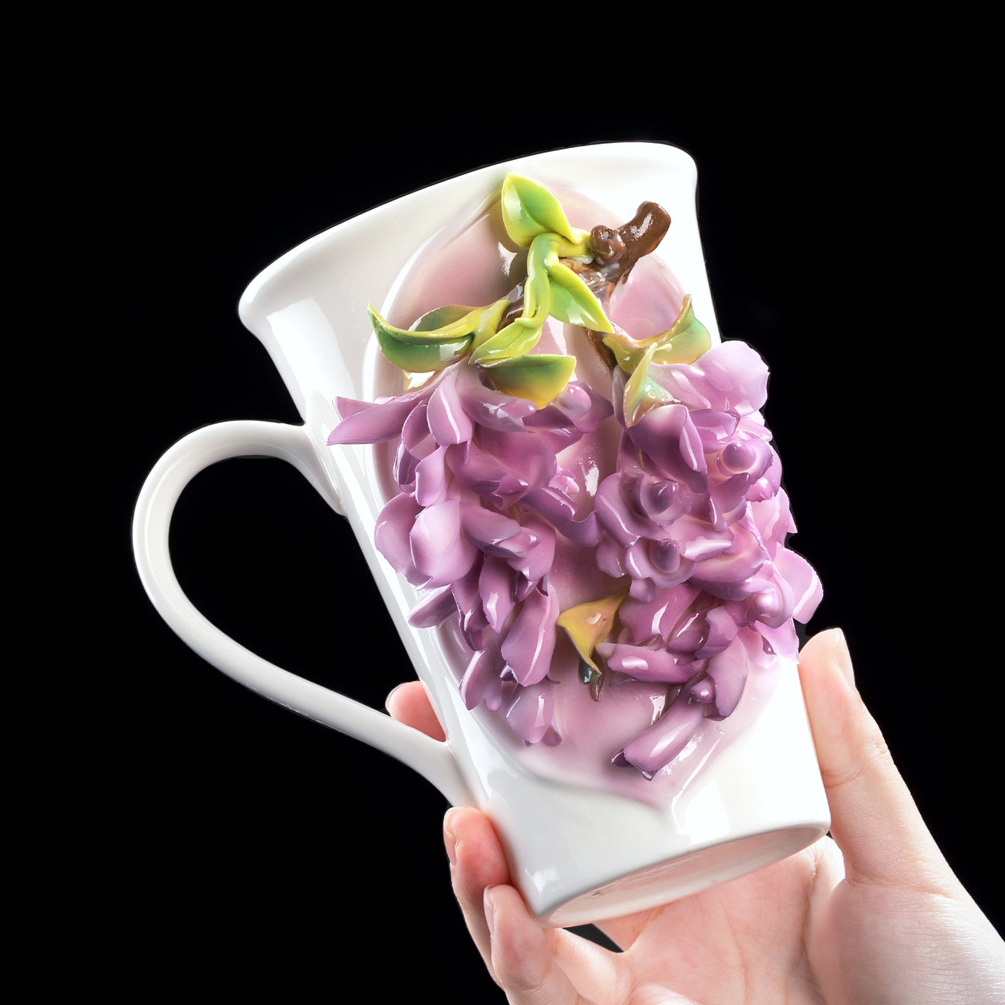 Intangible Cultural Heritage Hand-Sculpted Floral Ceramic Pear Blossom Tea Cup & Coffee Cup (Purple) - 100% Handcrafted