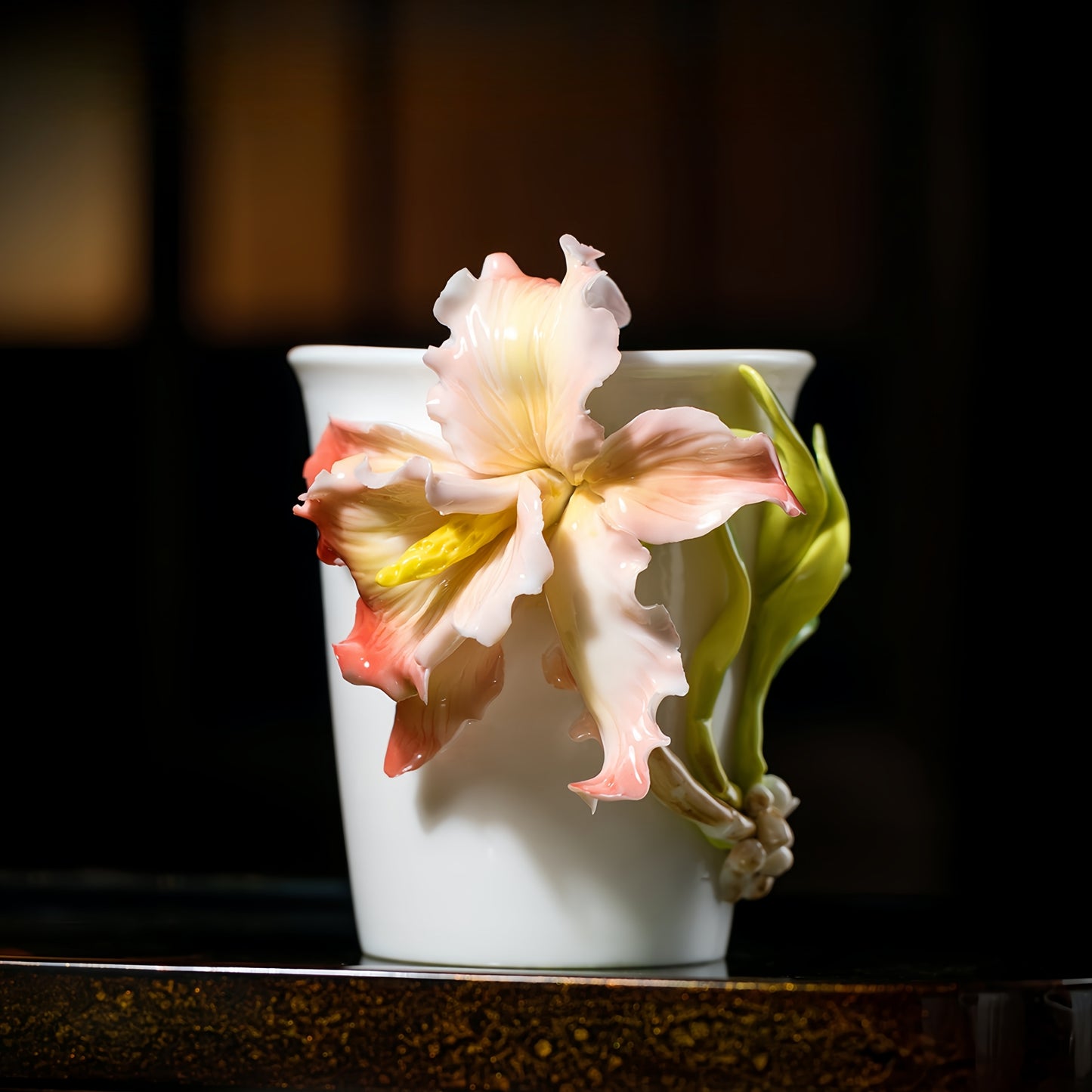 Iris Cola Cup Intangible Cultural Heritage Hand-Sculpted Floral Ceramic Mug Coffee Cup - 100% Handcrafted