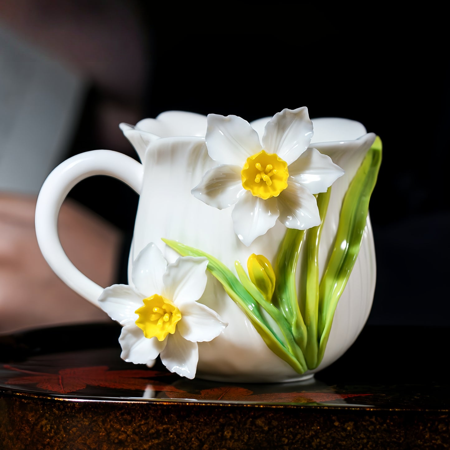 Intangible Cultural Heritage Hand-Sculpted Ceramic Narcissus Flower Water Cup Coffee Mug - 100% Handcrafted