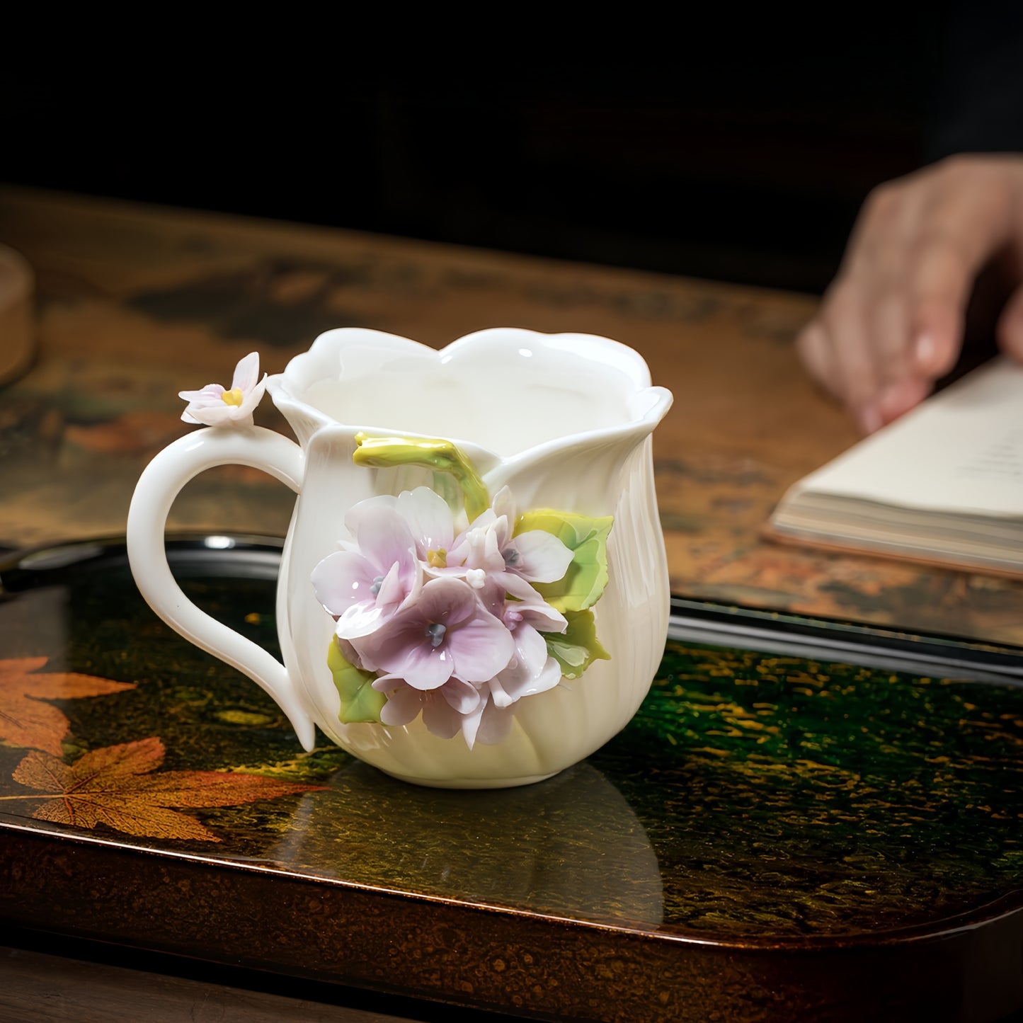 Intangible Cultural Heritage Hand-Sculpted Ceramic Hydrangea Water Cup Coffee Mug - 100% Handcrafted
