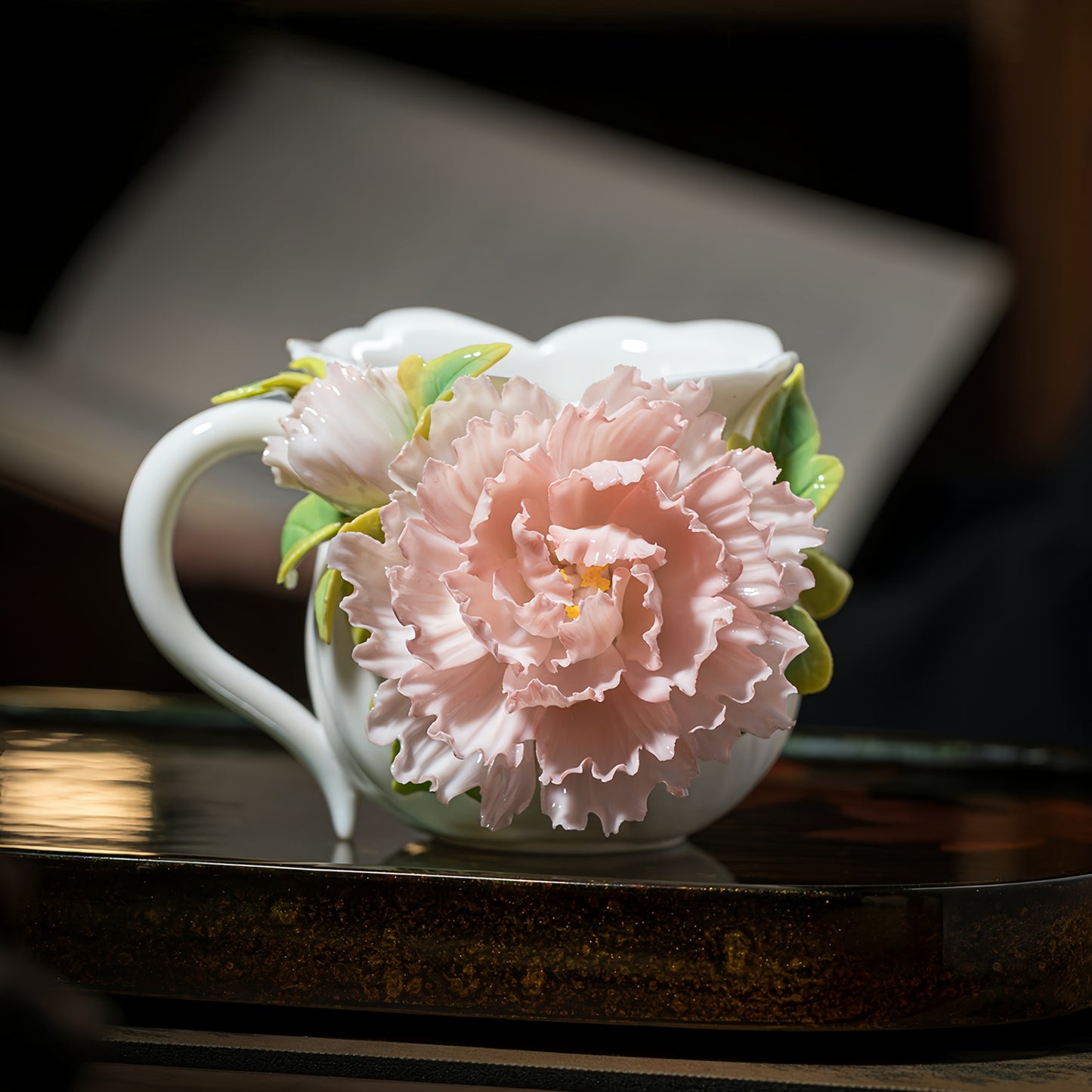 Intangible Cultural Heritage Hand-Sculpted Floral Ceramic Cup (Flower Glow - Pink Blush) - 100% Handcrafted