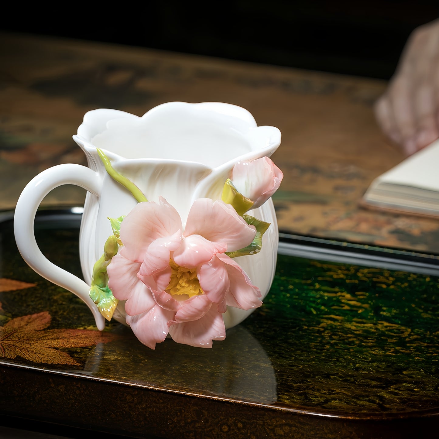 Intangible Cultural Heritage Hand-Sculpted Ceramic Peony Flower Water Cup Coffee Mug(red) - 100% Handcrafted