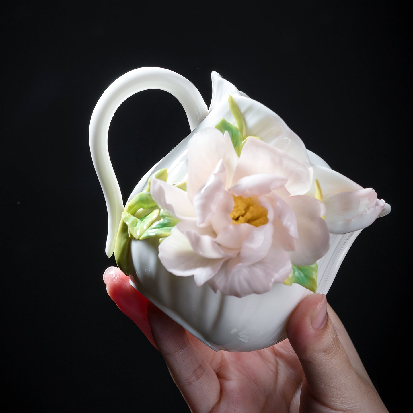 Intangible Cultural Heritage Hand-Sculpted Ceramic Peony Flower Water Cup Coffee Mug(pink) - 100% Handcrafted