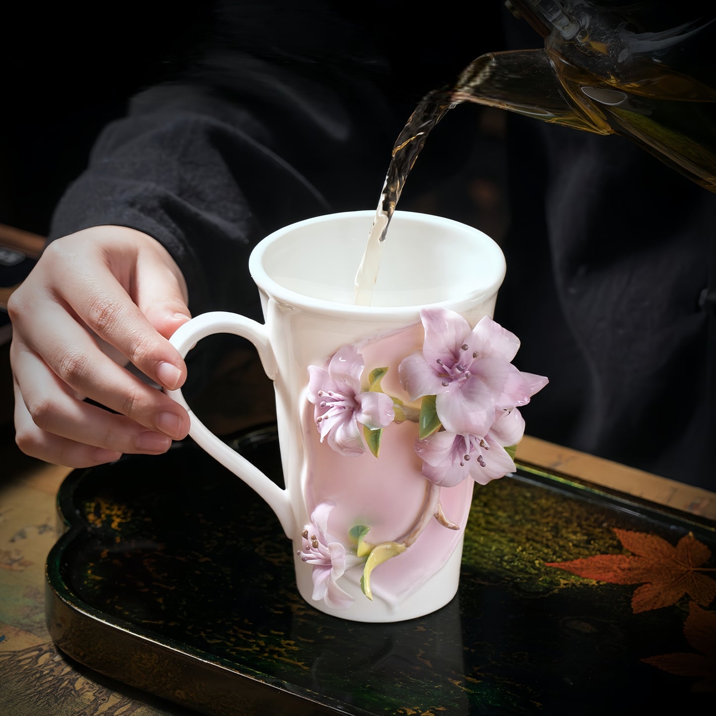 Intangible Cultural Heritage Hand-Sculpted Flower Pottery Rhododendron Tea Cup Coffee Cup (Purple) - 100% Handcrafted
