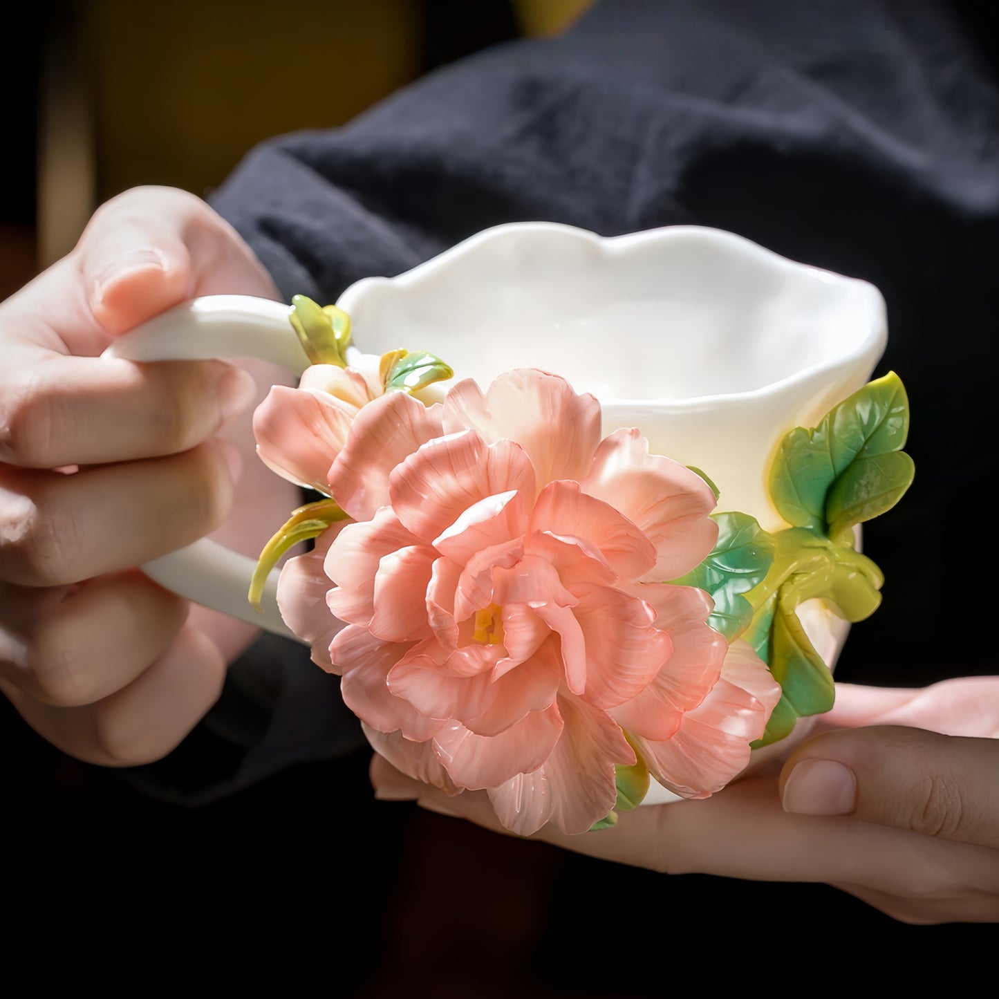 Intangible Cultural Heritage Hand-Sculpted Peony Ceramic Water Cup & Coffee Mug - 100% Handcrafted