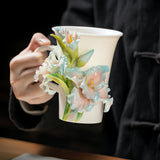 Intangible Cultural Heritage Hand-Sculpted Ceramic Gladiolus Flower Water Cup Coffee Mug (Ice Sea Blue) - 100% Handcrafted