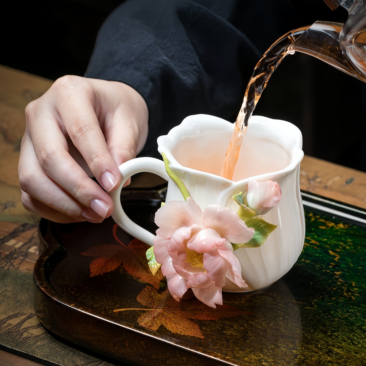 Intangible Cultural Heritage Hand-Sculpted Ceramic Peony Flower Water Cup Coffee Mug(red) - 100% Handcrafted