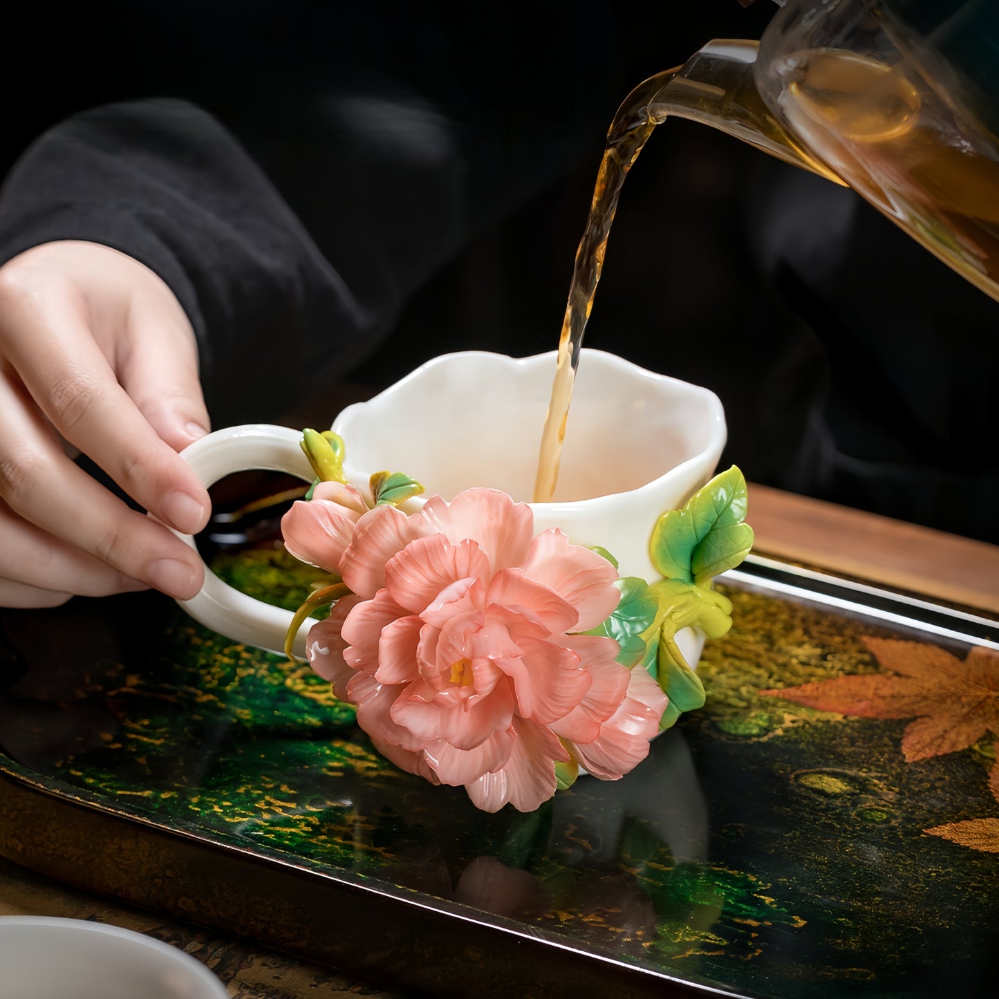 Intangible Cultural Heritage Hand-Sculpted Peony Ceramic Water Cup & Coffee Mug - 100% Handcrafted