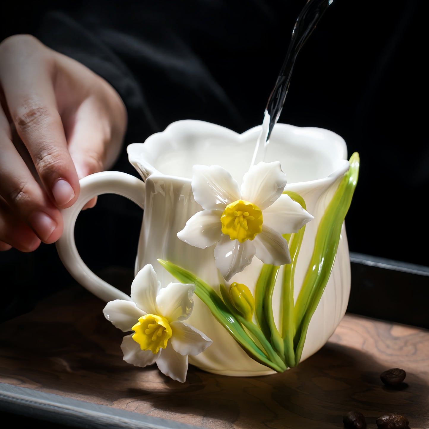 Intangible Cultural Heritage Hand-Sculpted Ceramic Narcissus Flower Water Cup Coffee Mug - 100% Handcrafted